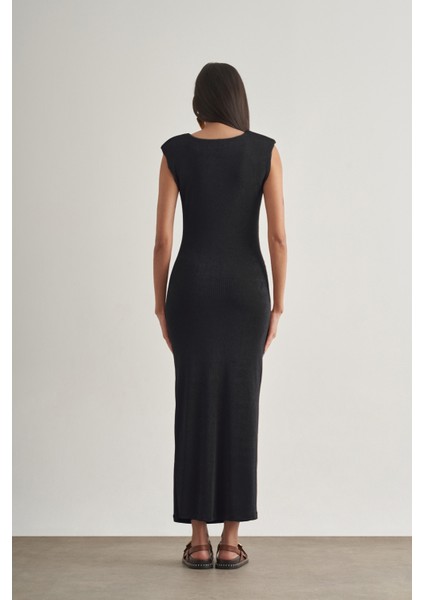 Yan Büzgü Detaylı Vatkalı Uzun Kolsuz Siyah Bodycon Elbise modelleri