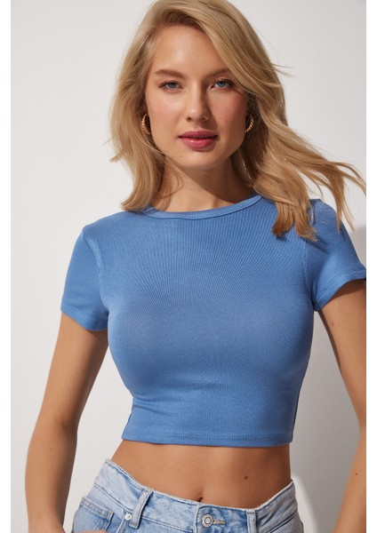 Bisiklet Yaka Crop Örme T-Shirt LCE0003 Indigo Mavi modelleri