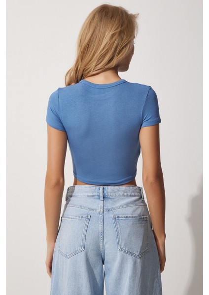 Bisiklet Yaka Crop Örme T-Shirt LCE0003 Indigo Mavi fırsatları
