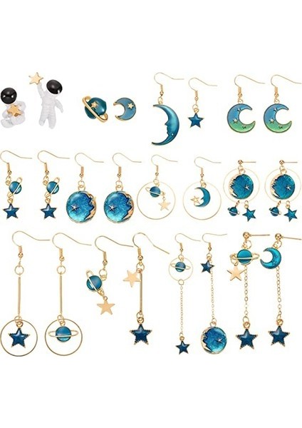 Kalesi 12 Pairs Ay Yıldız Dangle Toprak Gezegen Asimetrik Damla Astronot Saplama Küpe Takı Seti Kadı (Yurt Dışından)