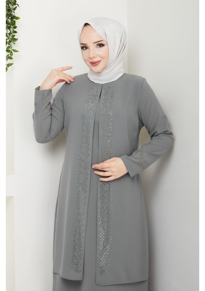 Serpme Taşlı Büyük Beden Anne Elbisesi