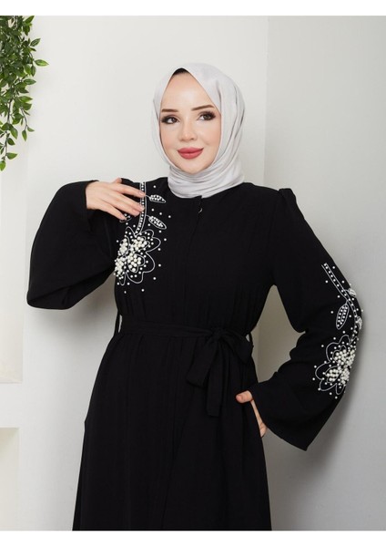 Gündelik Papatya Desenli Beyaz Inci Taşlı Ferace