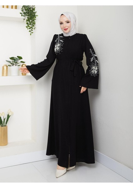 Gündelik Papatya Desenli Beyaz Inci Taşlı Ferace modelleri