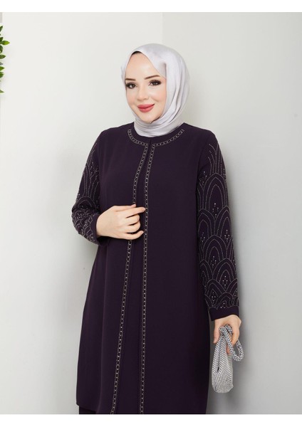 Kolları Taşlı Büyük Beden Anne Elbisesi