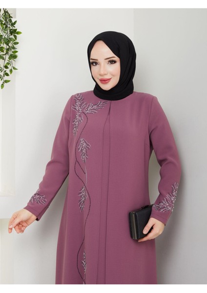 Büyük Beden Yaprak Taşlı Anne Elbisesi EN7008