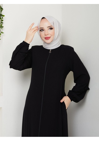 Köşeli Büzgü Detaylı Medine Ipeği Ferace modelleri