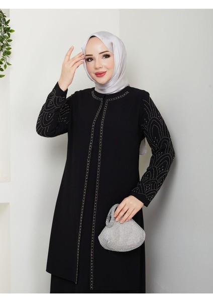 Kolları Taşlı Büyük Beden Anne Elbisesi