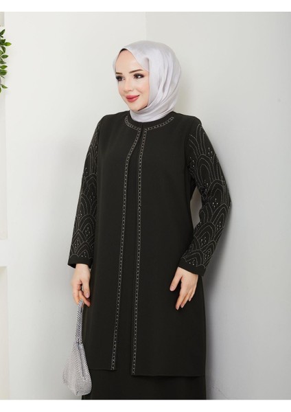 Kolları Taşlı Büyük Beden Anne Elbisesi