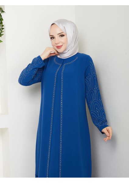 Kolları Taşlı Büyük Beden Anne Elbisesi