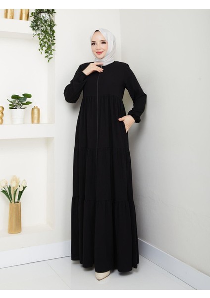 Üç Katlı Büzgü Detaylı Medine Ipeği Ferace