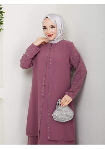Kolları Taşlı Büyük Beden Anne Elbisesi