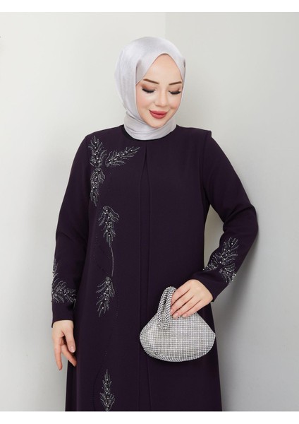 Büyük Beden Yaprak Taşlı Anne Elbisesi EN7008