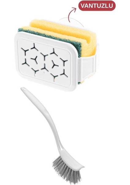 Bulaşık Yıkama 2’li Set, Vantuzlu Bulaşık Süngeri Askısı Tutacağı Sıkacağı + Bulaşık Fırçası Seti fiyatları