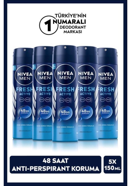 Men Erkek Sprey Deodorant Fresh Active 150 MLX5ADET,48 Saat Deodorant Koruması