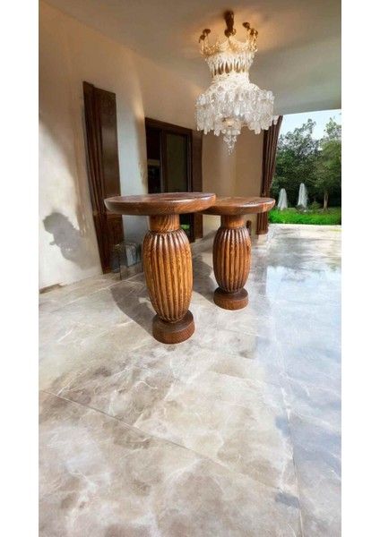 Dekoratif Ahşap Mantar Sehpa Seti 2’li – Açık Ceviz Renkli Şık Tasarım