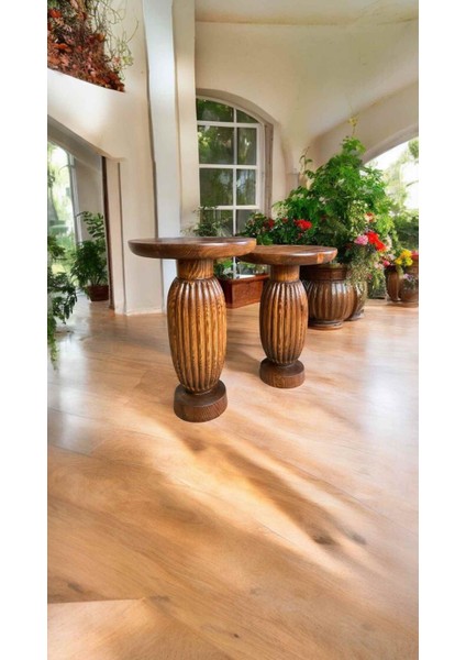 Dekoratif Ahşap Mantar Sehpa Seti 2’li – Açık Ceviz Renkli Şık Tasarım fiyatları