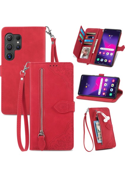 Samsung Galaxy S24 Ultra Fermuarlı Kese Manyetik Kart Tutucu ve Bilek Kayışlı Cüzdan Kılıfı Samsung Galaxy S24 Ultra (Yurt Dışından)