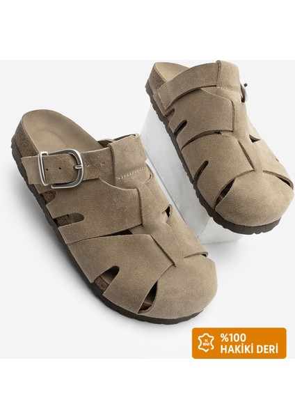 Kadın Hakiki Deri Önü Kapalı Günlük Süet Terlik Yolis Toprak Süet