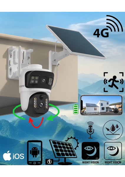 Sim Kartlı 4g 2 Kameralı Solar Panelli Güneş Enerjili Sirenli 4mp Dual Light Çift Kameralı V380 Pro App Kamera