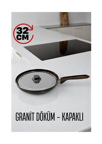 Granit Döküm Tava Paslanmaz Çelik Kapaklı -Yapışmaz Taban 32 cm