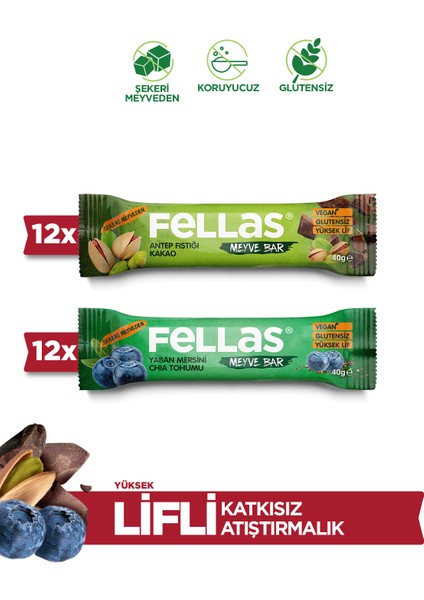 Meyve Bar 40G Ikili Kutu 24 Adet (Antep Fıstıklı x 12 + Yaban Mersinli x 12)