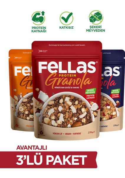 Protein Granola 270g 3'lü Mix Paket - Hindistan C. + Kırmızı Meyveler + Karışık Kuruyemişli