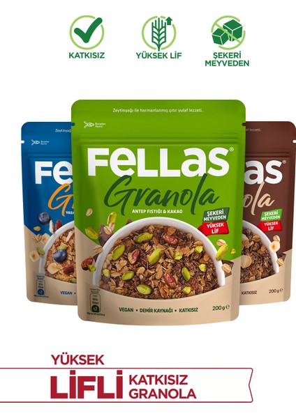 Granola 3'lü Mix Paket - Yaban Mersinli 200g + Fındık & Kakao 200g + Antep Fıstıklı 200g