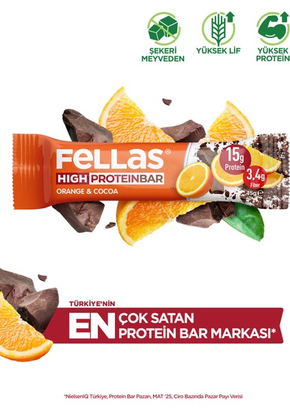 Portakallı ve Kakaolu Yüksek Protein Bar 45 g x 12 Adet