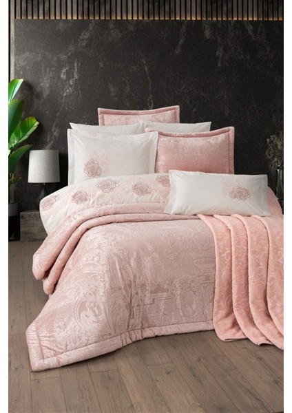 Tivoli 10 parça Battaniyeli Kadife Yatak Örtülü Çeyiz Seti Spectra-Pudra