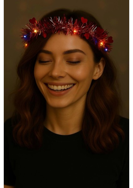 Kalp Püsküllü Gece Parıltısı 3 Modlu LED39LI Işıklı Taç Kırmızı Renk fiyatları