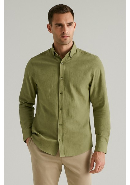 Yazlık Keten Dokulu Uzun Kollu Yeşil Renk Erkek Gömlek