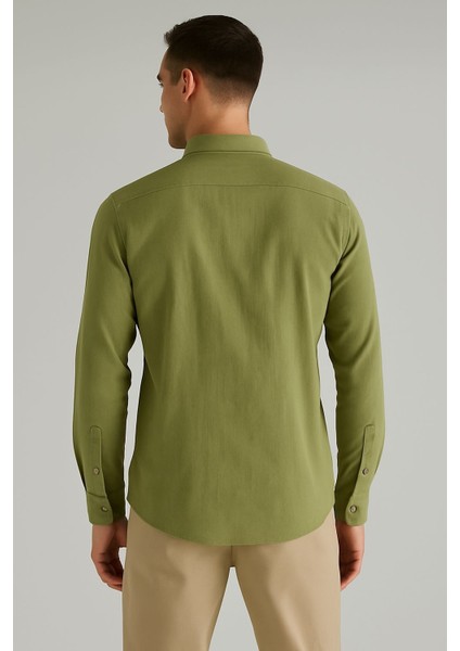 Yazlık Keten Dokulu Uzun Kollu Yeşil Renk Erkek Gömlek fırsatları