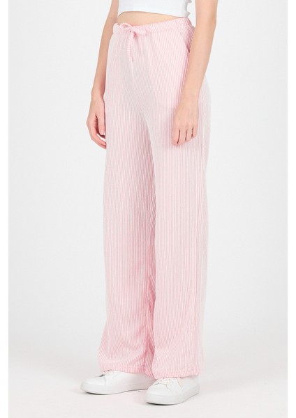 Pembe Beli Lastikli Çizgili Geniş Paça Dokuma Pantolon 4098 modelleri