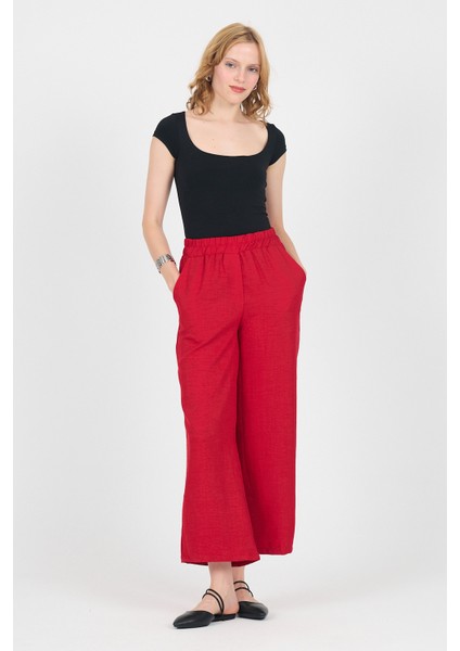 Kırmızı Pamuklu Beli Lastikli Bol Paça Pantolon 4657A