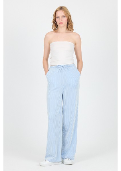 Mavi Beli Lastikli Çizgili Geniş Paça Dokuma Pantolon 4098
