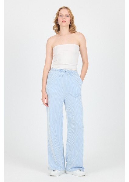 Mavi Beli Lastikli Çizgili Geniş Paça Dokuma Pantolon 4098 fiyatları