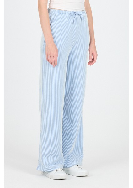 Mavi Beli Lastikli Çizgili Geniş Paça Dokuma Pantolon 4098 modelleri