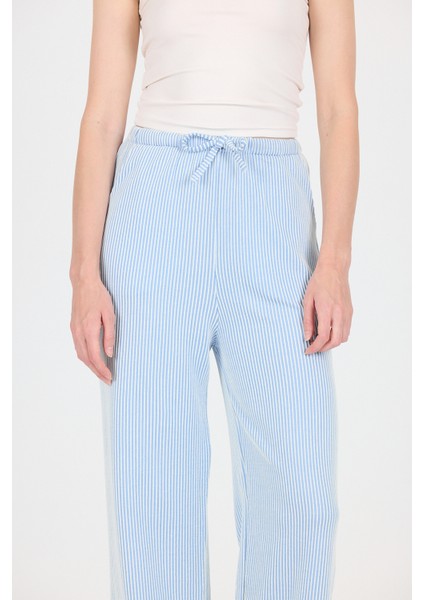 Mavi Beli Lastikli Çizgili Geniş Paça Dokuma Pantolon 4098 fırsatları