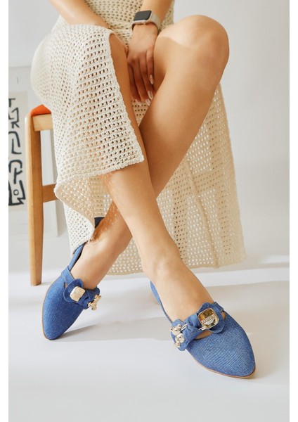 Joselin Mavi Fiyonk Aksesuarlı Babet