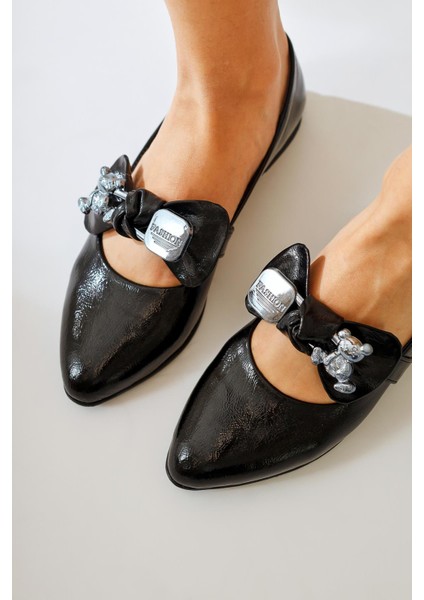 Joselin Siyah Kırışık Rugan Fiyonk Aksesuarlı Babet modelleri