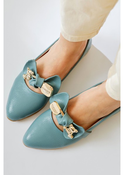 Joselin Turkuaz Kırışık Rugan Fiyonk Aksesuarlı Babet modelleri