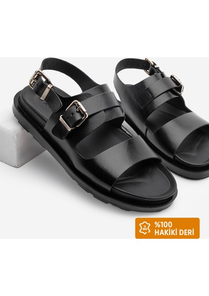 Kadın Deri Çift Bantlı Tokalı Bilekten Bantlı Günlük Sandalet Lokis