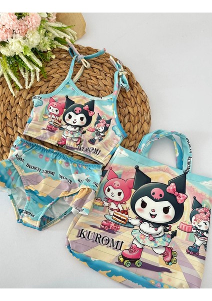 Kız Çocuk Kuromi Baskılı Çantalı Bikini Takımı