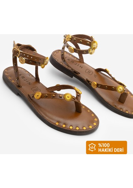 Kadın Deri Bilekten Bağlamalı Parmak Arası Zımbalı Günlük Sandalet Zoney