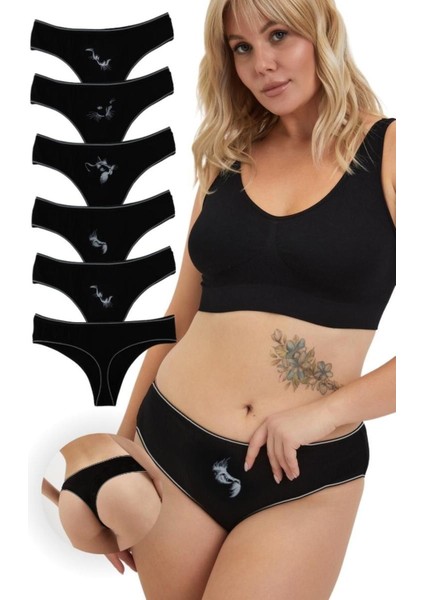 Kadın Bato Tanga Pamuklu Külot, Büyük Beden, 5' Li Paket-5 Adet Siyah, Kedi Baskılı, Xl