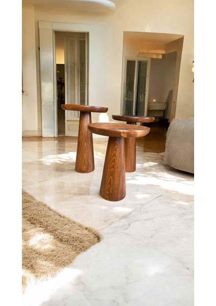 Açık Ceviz Renkli Ahşap 3’lü Yan Sehpa Seti – Mantar Model