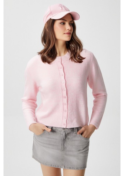 Kadın Hırka Kalın Örgü Kumaş Düz Desen Bisiklet Yaka Pembe