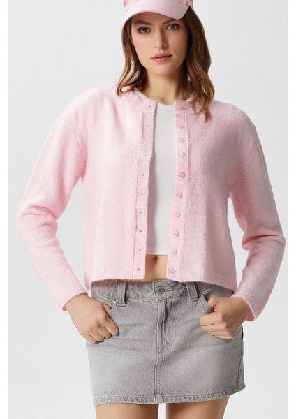 Kadın Hırka Kalın Örgü Kumaş Düz Desen Bisiklet Yaka Pembe fiyatları