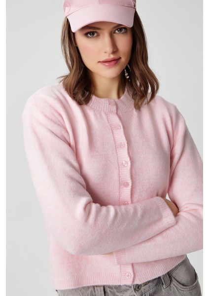 Kadın Hırka Kalın Örgü Kumaş Düz Desen Bisiklet Yaka Pembe indirimleri