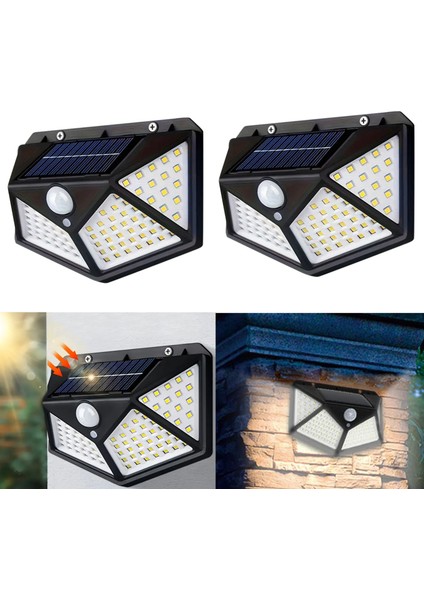 2 Adet Güneş Enerjili Duvar Lambası - Solar 100 LED Işık 3 Modlu Hareket Sensörlü Bahçe Aydınlatma